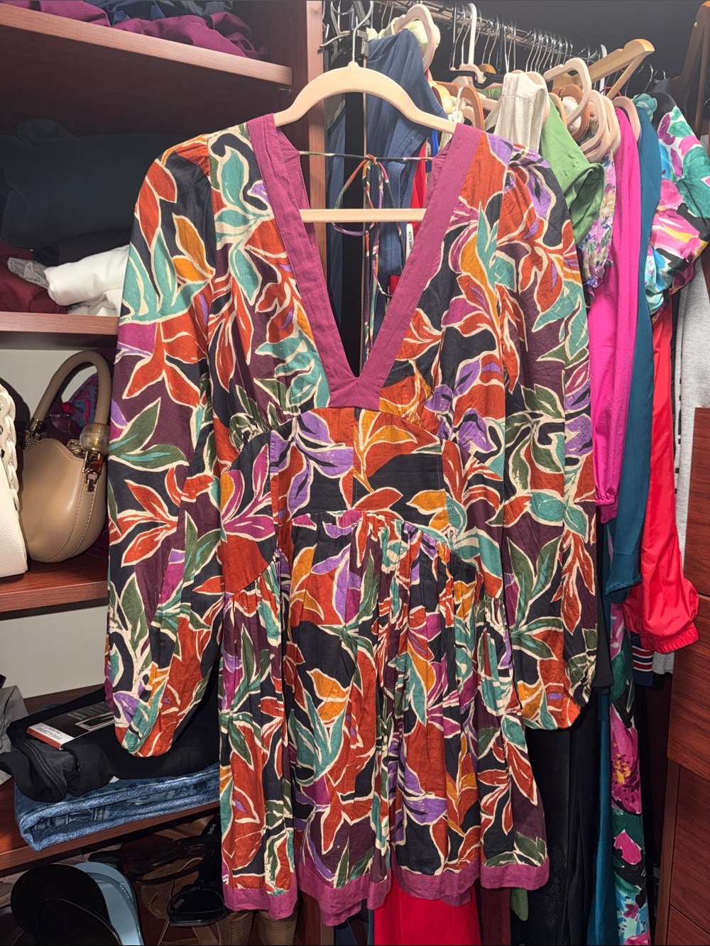 Vibrant Floral V-Neck Long Sleeve Dress